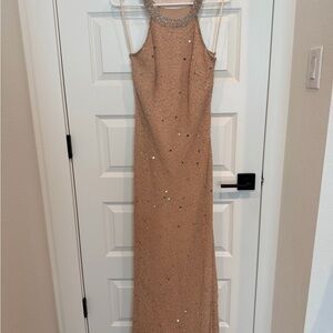 Adrianna Papell Tan Backless Gown with Silver Accents